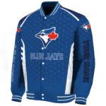 personalized toronto blue jays hexagon grid blue varsity jacket best selling