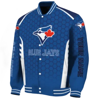 personalized toronto blue jays hexagon grid blue varsity jacket best selling