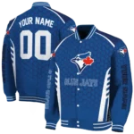 personalized toronto blue jays hexagon grid blue varsity jacket best selling