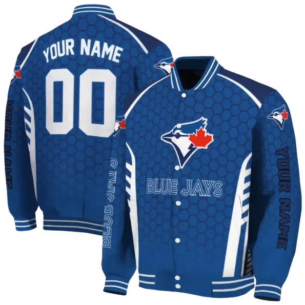 personalized toronto blue jays hexagon grid blue varsity jacket fashion forward
