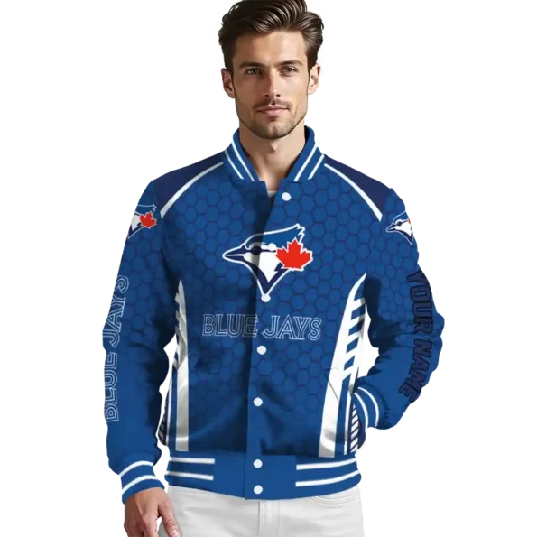 personalized toronto blue jays hexagon grid blue varsity jacket high quality