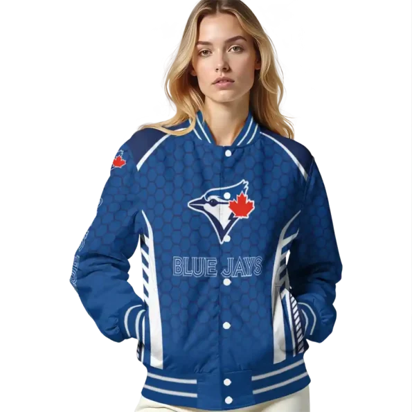 personalized toronto blue jays hexagon grid blue varsity jacket latest model