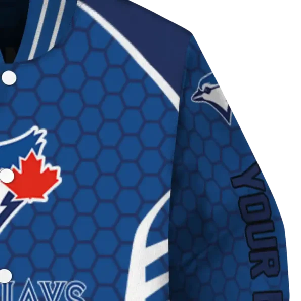 personalized toronto blue jays hexagon grid blue varsity jacket premium grade