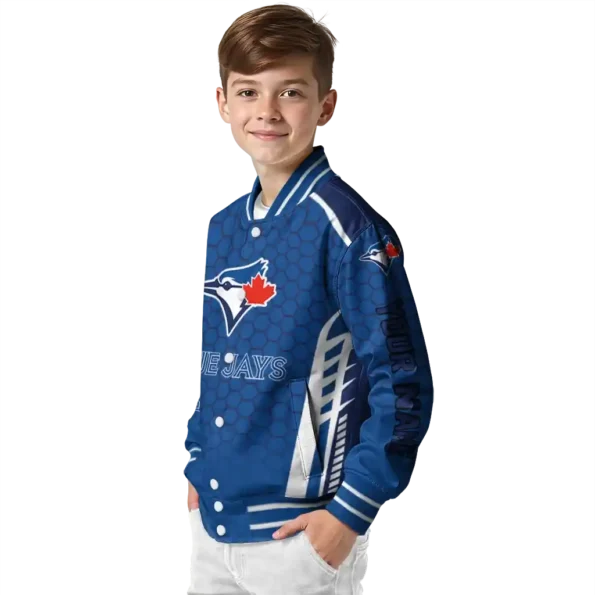 personalized toronto blue jays hexagon grid blue varsity jacket trendy