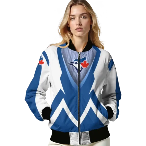 personalized toronto blue jays v stripes blue white bomber jacket latest model