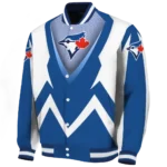 personalized toronto blue jays v stripes blue white varsity jacket best selling