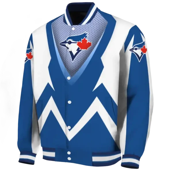 personalized toronto blue jays v stripes blue white varsity jacket best selling