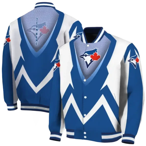personalized toronto blue jays v stripes blue white varsity jacket fashion forward