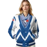 personalized toronto blue jays v stripes blue white varsity jacket best selling