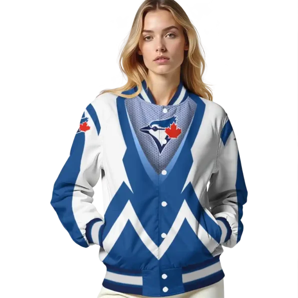 personalized toronto blue jays v stripes blue white varsity jacket latest model