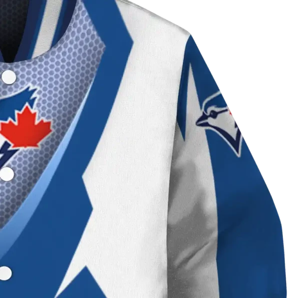 personalized toronto blue jays v stripes blue white varsity jacket premium grade