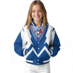 personalized toronto blue jays v stripes blue white varsity jacket best selling
