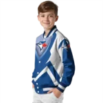 personalized toronto blue jays v stripes blue white varsity jacket best selling