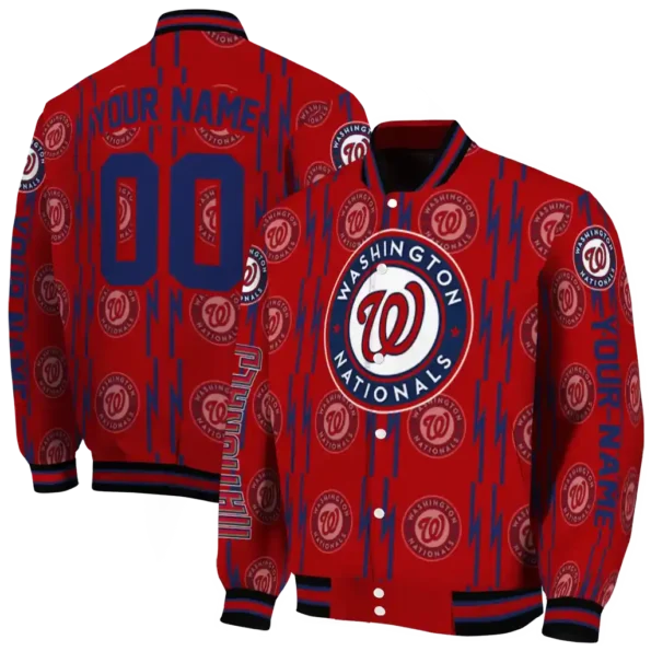 personalized washington nationals bolt stripe red varsity jacket fashion forward