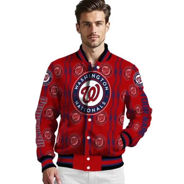 personalized washington nationals bolt stripe red varsity jacket high quality