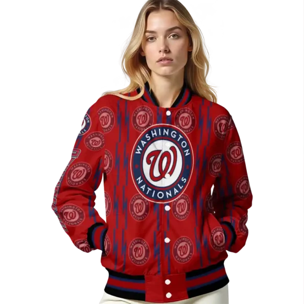 personalized washington nationals bolt stripe red varsity jacket latest model