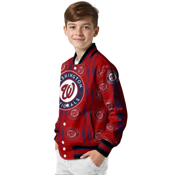 personalized washington nationals bolt stripe red varsity jacket trendy