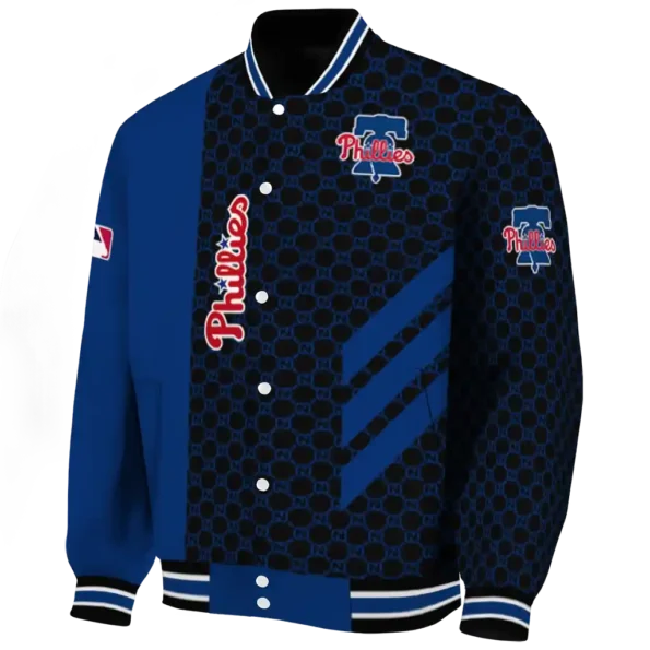 philadelphia phillies triple side stripes blue black varsity jacket best selling