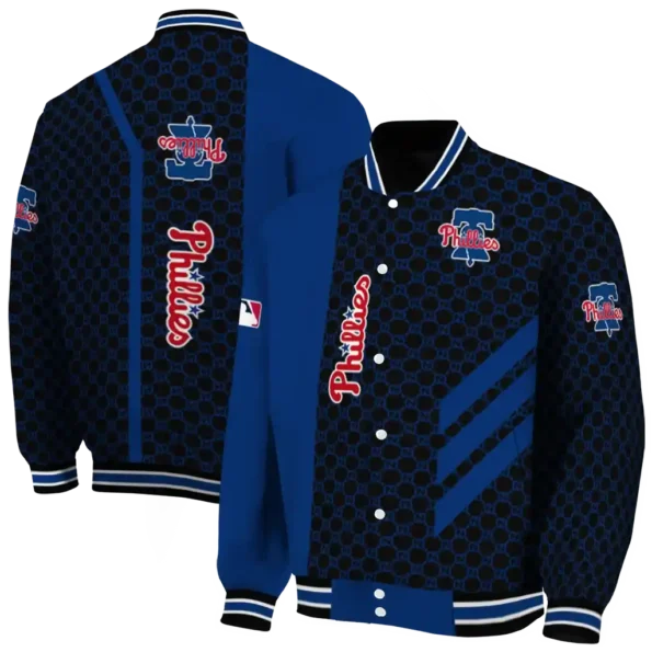 philadelphia phillies triple side stripes blue black varsity jacket fashion forward