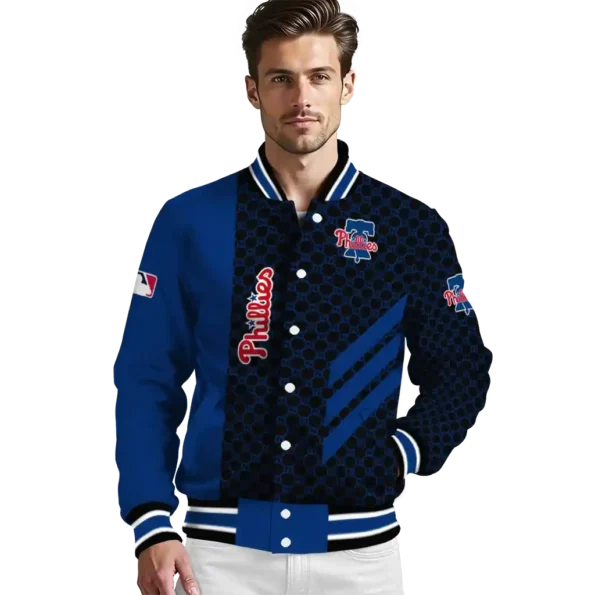 philadelphia phillies triple side stripes blue black varsity jacket high quality