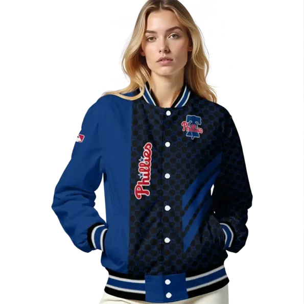 philadelphia phillies triple side stripes blue black varsity jacket latest model
