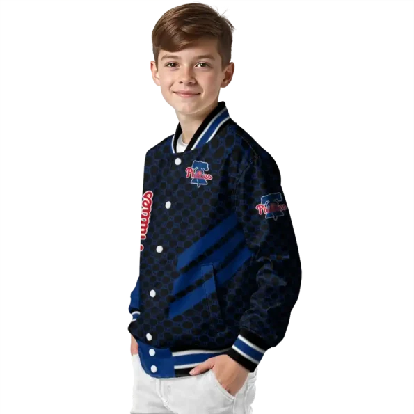 philadelphia phillies triple side stripes blue black varsity jacket trendy