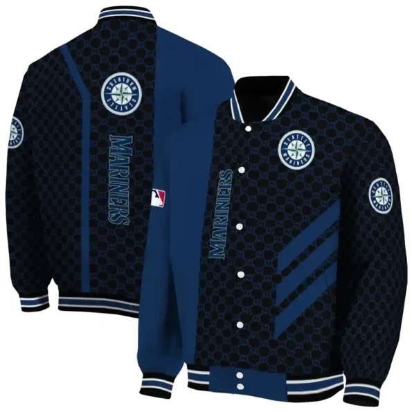 seattle mariners triple side stripes navy blue black varsity jacket fashion forward