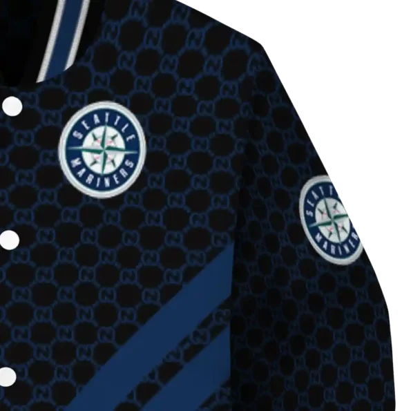 seattle mariners triple side stripes navy blue black varsity jacket premium grade