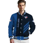 toronto blue jays triple side stripes blue black varsity jacket best selling